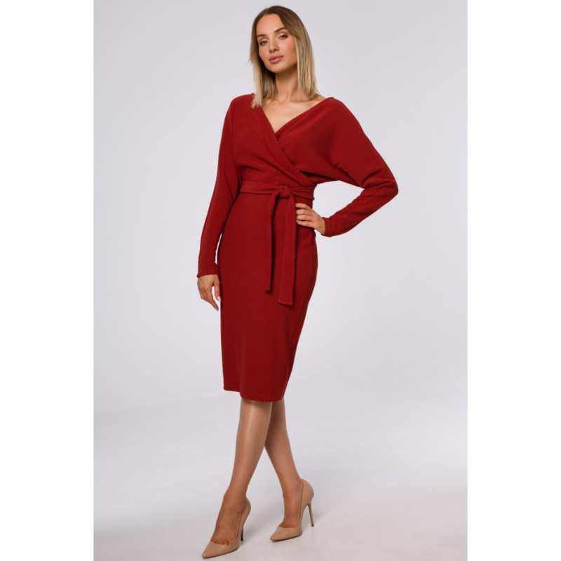 M523 Sukienka z kopertową górą i paskiem - ceglasta