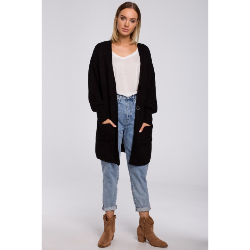 M538 Kardigan prążek z naszytymi kieszeniami - czarny