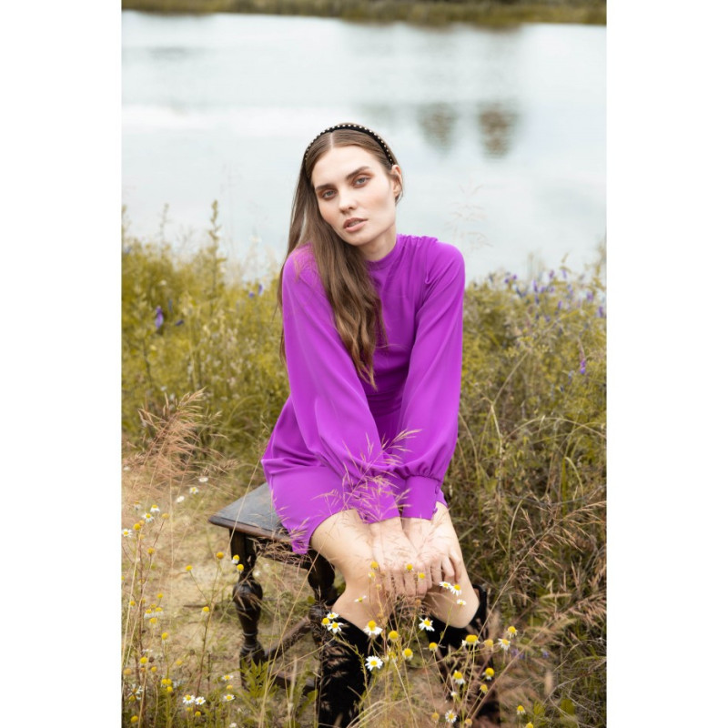 K078 Sukienka z marszczonym paskiem - lawendowa