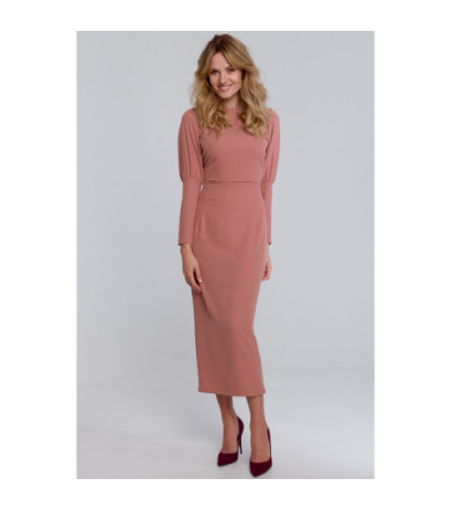 K079 Sukienka midi z wysokimi mankietami - różana