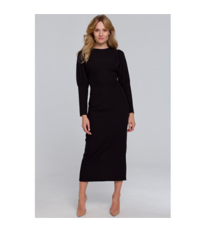 K079 Sukienka midi z wysokimi mankietami - czarna