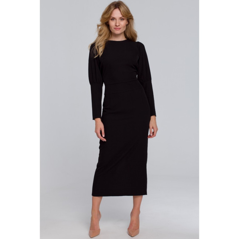 K079 Sukienka midi z wysokimi mankietami - czarna