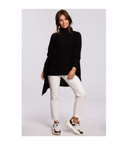 BK049 Sweter ponczo z rękawami i golfem - czarny
