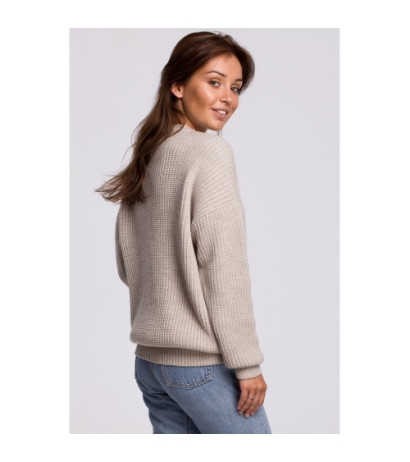 BK052 Długi sweter w prążek - beżowy