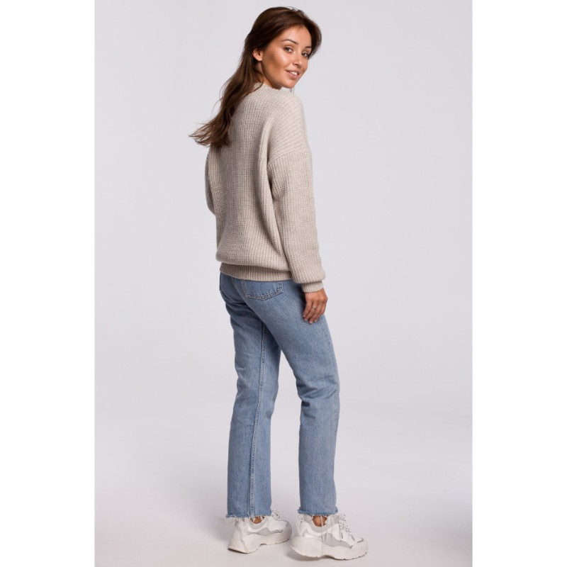 BK052 Długi sweter w prążek - beżowy