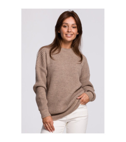 BK052 Długi sweter w prążek - cappuccino