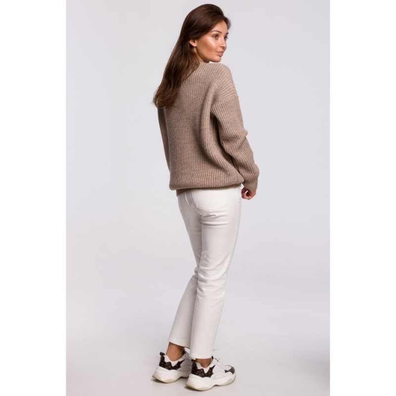 BK052 Długi sweter w prążek - cappuccino