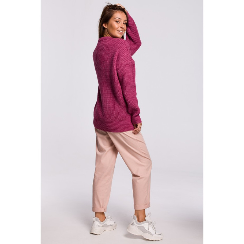 BK052 Długi sweter w prążek - wrzosowy