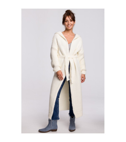 BK054 Długi kardigan z kapturem i paskiem - ecru