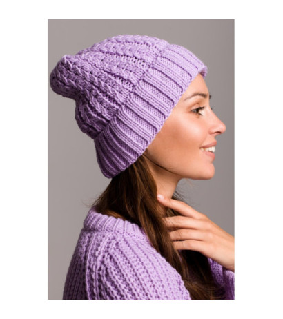 BK057 Czapka splot warkocz z wywinięciem - lawendowa