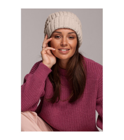 BK058 Czapka splot łańcuszek z wywinięciem - beżowa