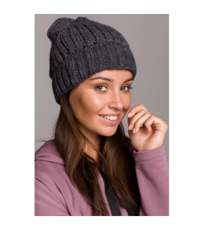 BK058 Czapka splot łańcuszek z wywinięciem - grafitowa
