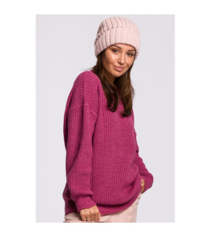 BK058 Czapka splot łańcuszek z wywinięciem - różowa