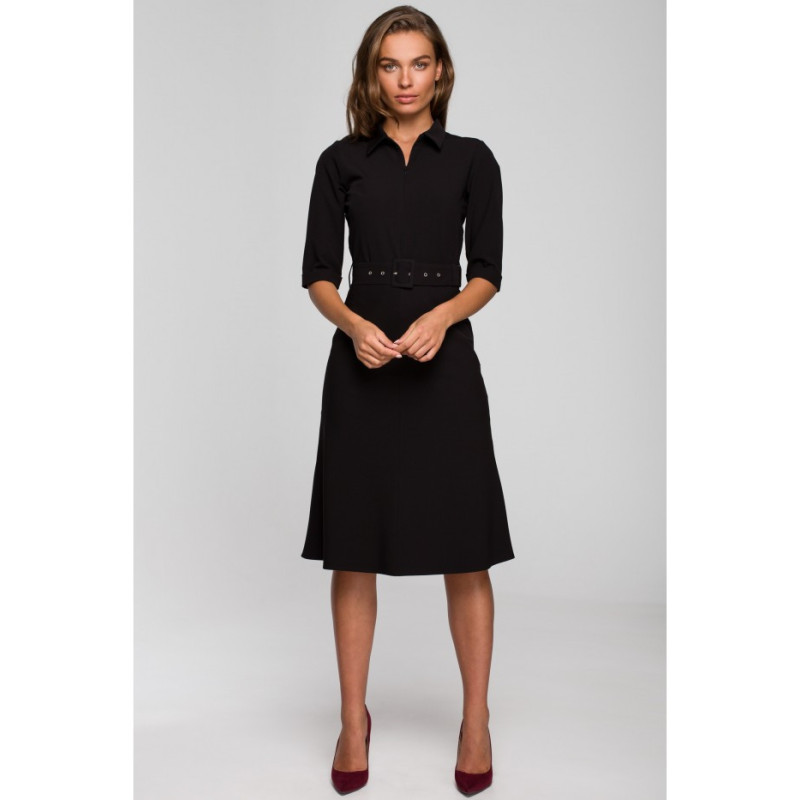 S231 Sukienka z kołnierzykiem i zamkiem z przodu - czarna