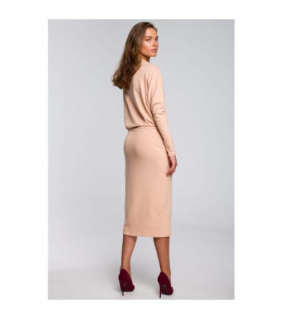 S245 Sukienka z drapowanym dekoltem - beżowa