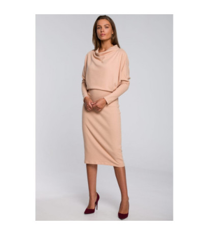 S245 Sukienka z drapowanym dekoltem - beżowa