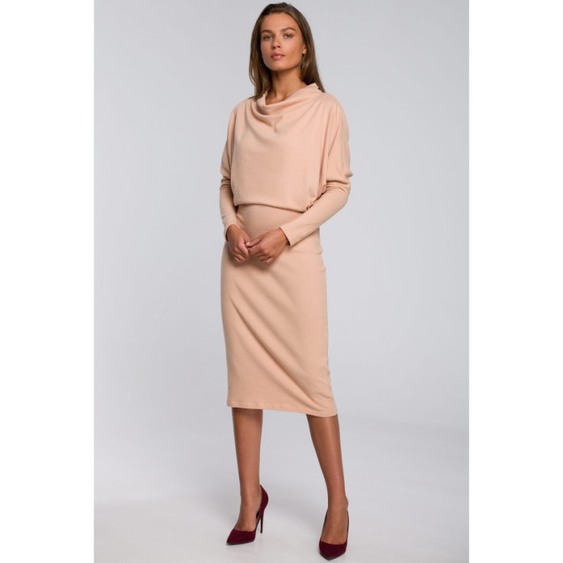 S245 Sukienka z drapowanym dekoltem - beżowa