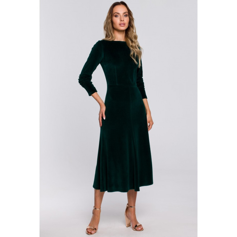 M557 Welurowa Sukienka Midi Z Marszczonym Rękawami 3/4 - zielona