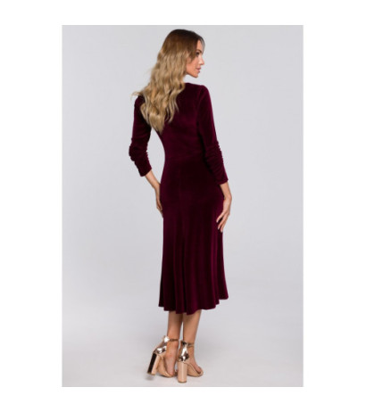 M557 Welurowa Sukienka Midi Z Marszczonym Rękawami 3/4 - bordowa