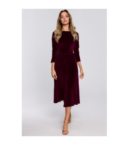 M557 Welurowa Sukienka Midi Z Marszczonym Rękawami 3/4 - bordowa