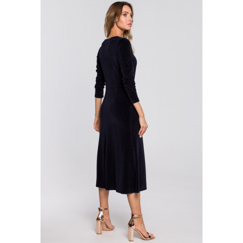M557 Welurowa Sukienka Midi Z Marszczonym Rękawami 3/4 - granatowa