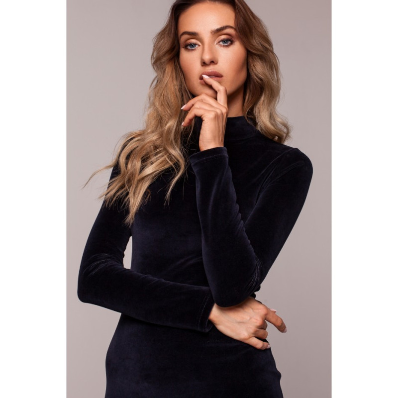 M558 Welurowa Sukienka Mini Ze Stójką - granatowa