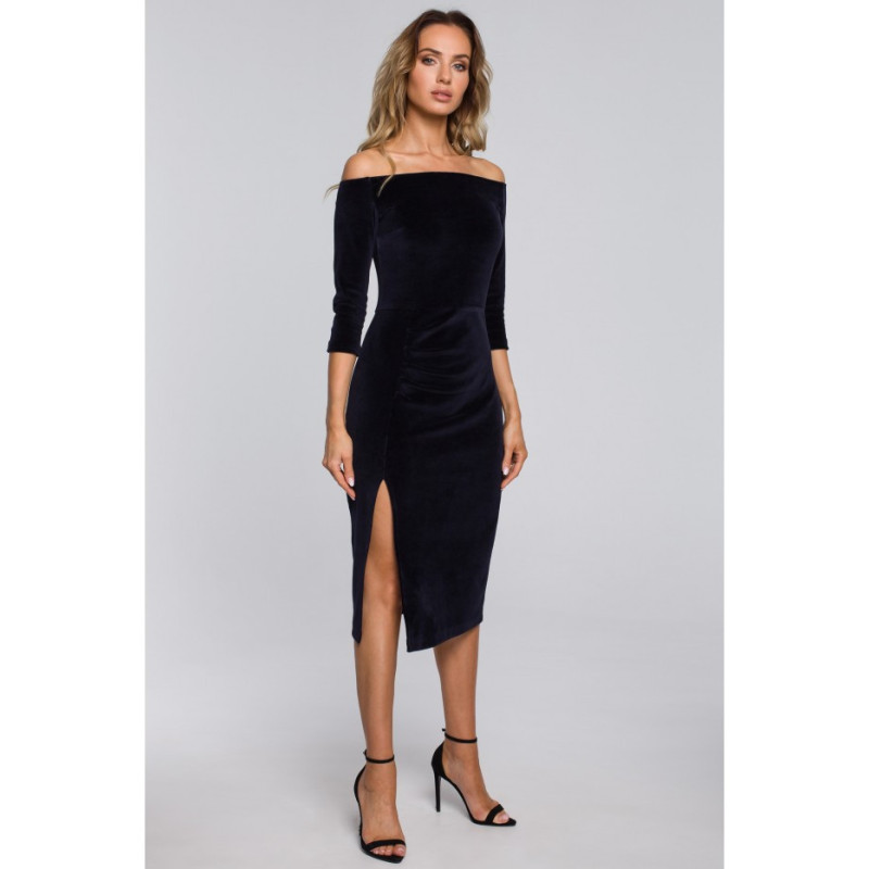 M559 Welurowa Sukienka Z Dekoltem I Rozcięciem Na Nogę - granatowa