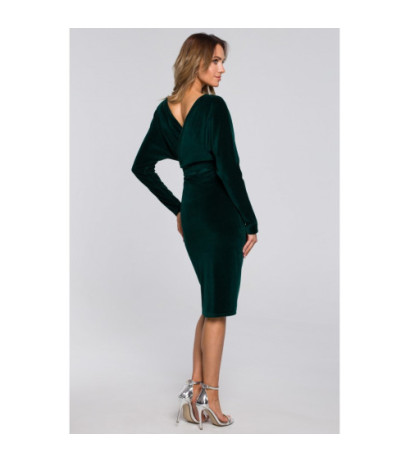 M561 Welurowa Sukienka Z Górą Kopertową I Paskiem - zielony