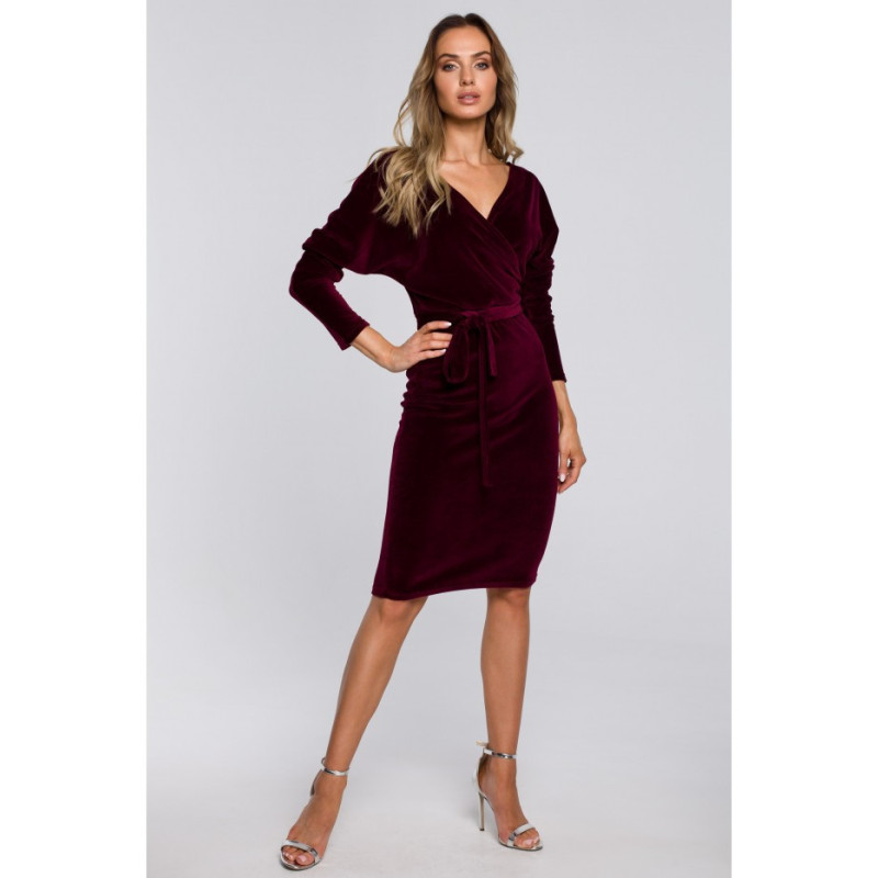 M561 Welurowa Sukienka Z Górą Kopertową I Paskiem - bordowa