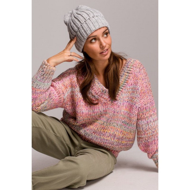 BK058 Czapka splot łańcuszek z wywinięciem - szara