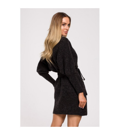 M631 Sukienka swetrowa kopertowa z wiązaniem - antracytowa