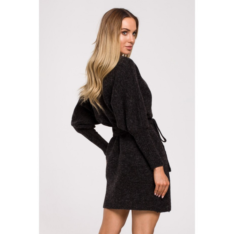 M631 Sukienka swetrowa kopertowa z wiązaniem - antracytowa