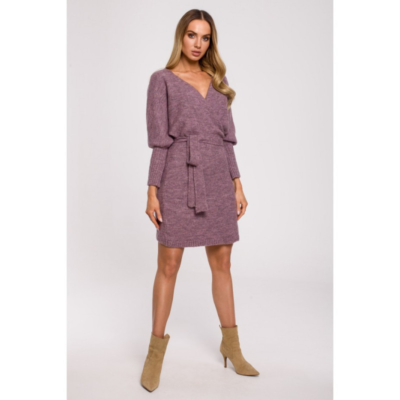 M631 Sukienka swetrowa kopertowa z wiązaniem - wrzosowa