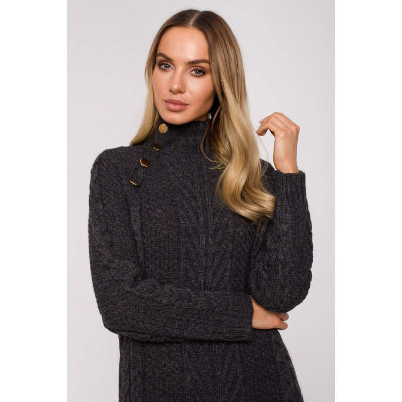 M635 Swetrowa sukienka z golfem i guzikami - grafitowa