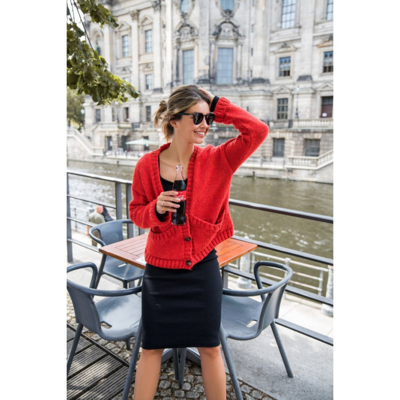 BK074 Kardigan na guziki z szerokimi kieszeniami - pomarańczowy