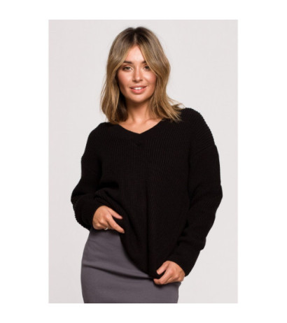 BK075 Sweter z dekoltem w serek - czarny