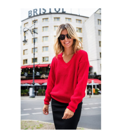 BK075 Sweter z dekoltem w serek - czerwony