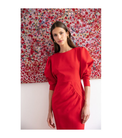 S284 Sukienka z bufiastymi rękawami - czerwona