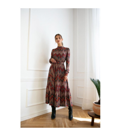 S291 Sukienka maxi z falbaną - nadruk aztecki - model 1