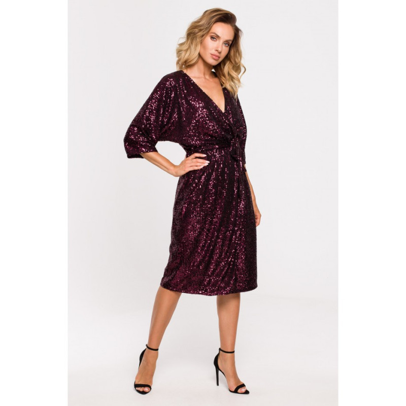 M653 Sukienka midi z cekinami i wiązaniem - wino