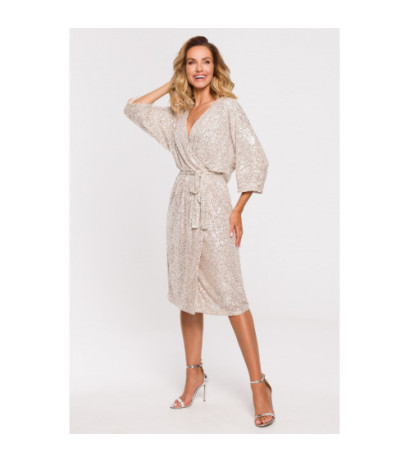 M653 Sukienka midi z cekinami i wiązaniem - szampańska