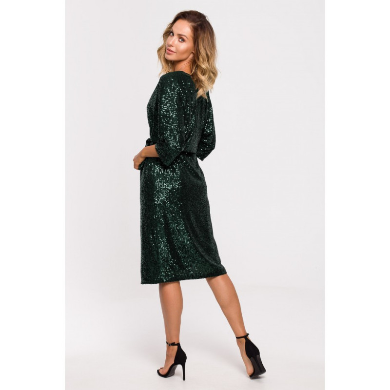 M653 Sukienka midi z cekinami i wiązaniem - butelkowa zieleń