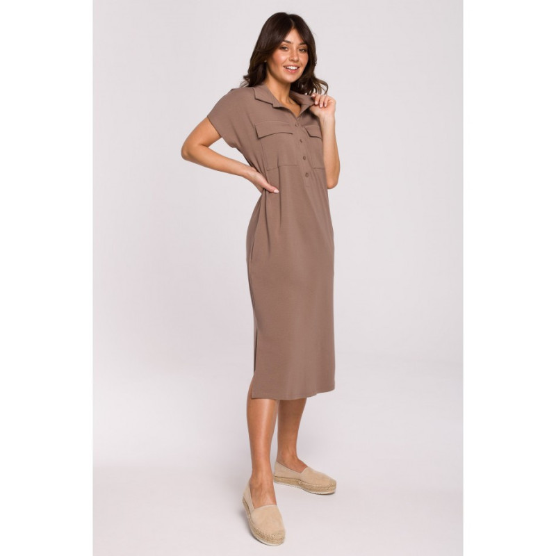 B222 Sukienka safari z kołnierzykiem - kakaowa
