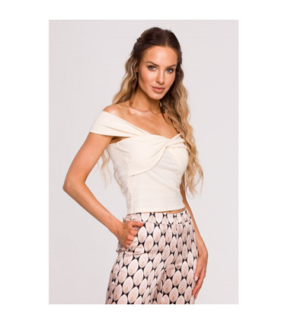 M680 Top z przeplotem w dekolcie - śmietankowy