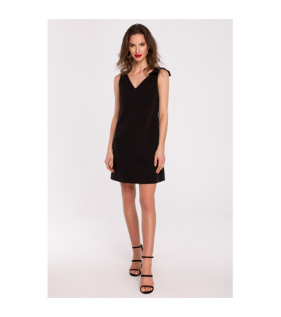 K128 Gładka sukienka z kokardą na ramieniu - czarna