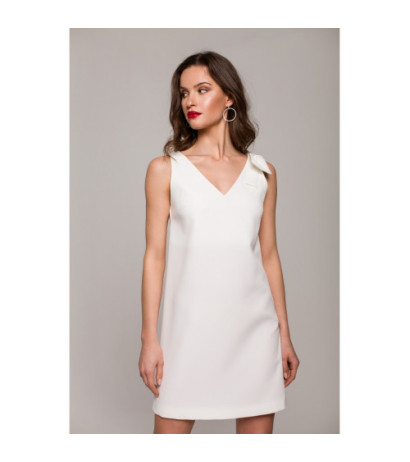 K128 Gładka sukienka z kokardą na ramieniu - ecru