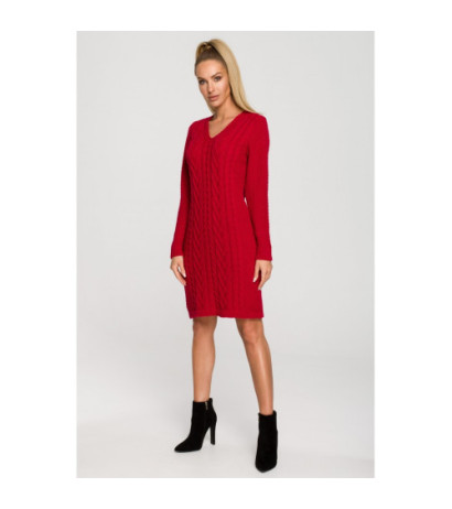 M713 Sukienka ze splotem warkoczowym na przodzie - malinowa