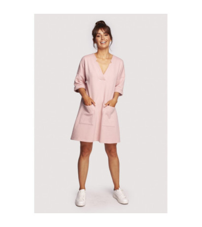 B233 Tunika z głębokim dekoltem i kieszeniami - pudrowa