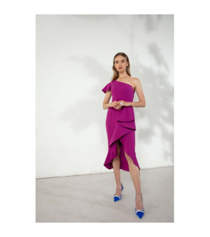 K146 Sukienka na jedno ramię z falbaną - rubin