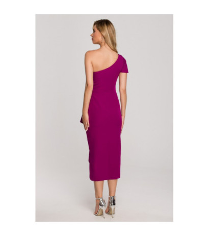 K146 Sukienka na jedno ramię z falbaną - rubin